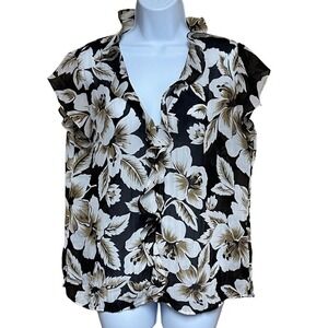 Allison Taylor Floral Ruffle Sleeveless V-Neck Blouse Black White Women's Size L